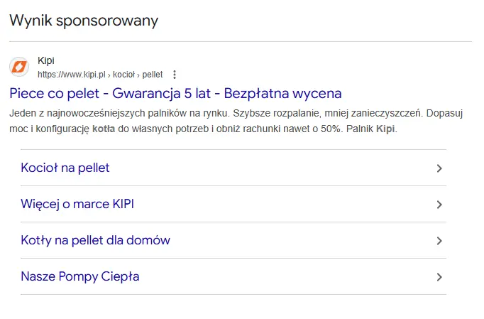 Google Ads - tekst Wynik sponsorowany Google - Kipi piece na pellet