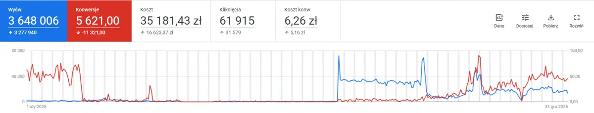 Konwersje - roczny widok Wykres konwersji Google Ads w skali roku